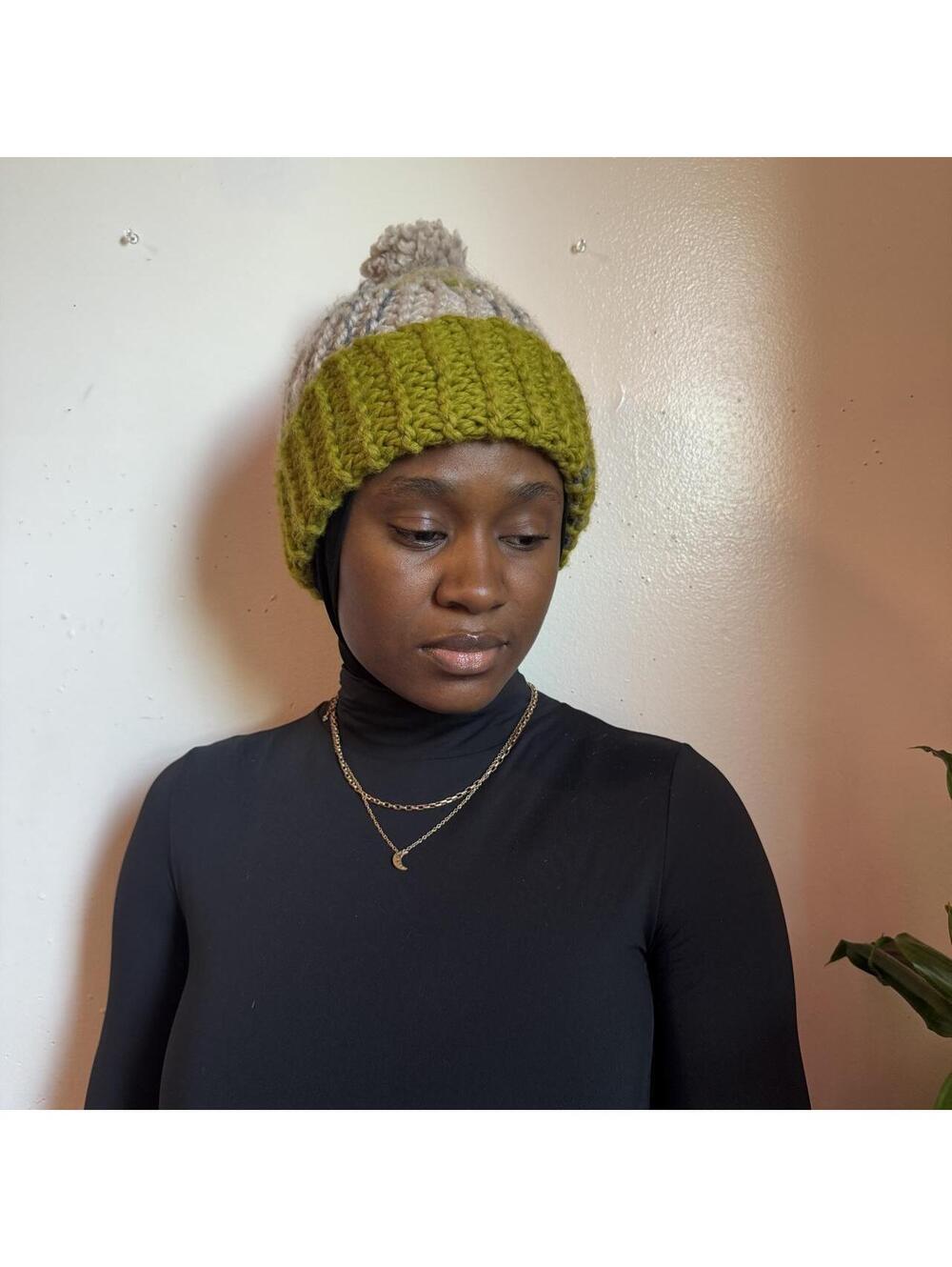 Handmade Chunky Pom Pom Beanie Olive Green Oatmeal Knit Winter Hat